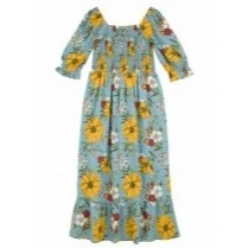 Joanie Floral‎ Smocked Midi Dress Blue Sunflower Puff Sleeve Cottagecore Size 12